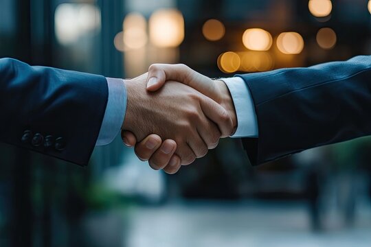 A close-up of a business handshake between two professionals wearing suits, with the focus on their hands, set against a transparent background for a corporate image. - Powered by Adobe