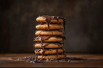 Chocolate Drizzled Cookies Stacked High On Wood