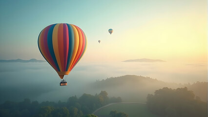 Fototapeta premium Serene sunrise hot air balloon ride above misty mountains. A breathtaking view of nature's beauty, capturing peace and adventure.