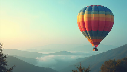 Obraz premium A vibrant hot air balloon gracefully floats above a misty mountain landscape at sunrise, painting a breathtaking panorama of serene beauty and adventure.