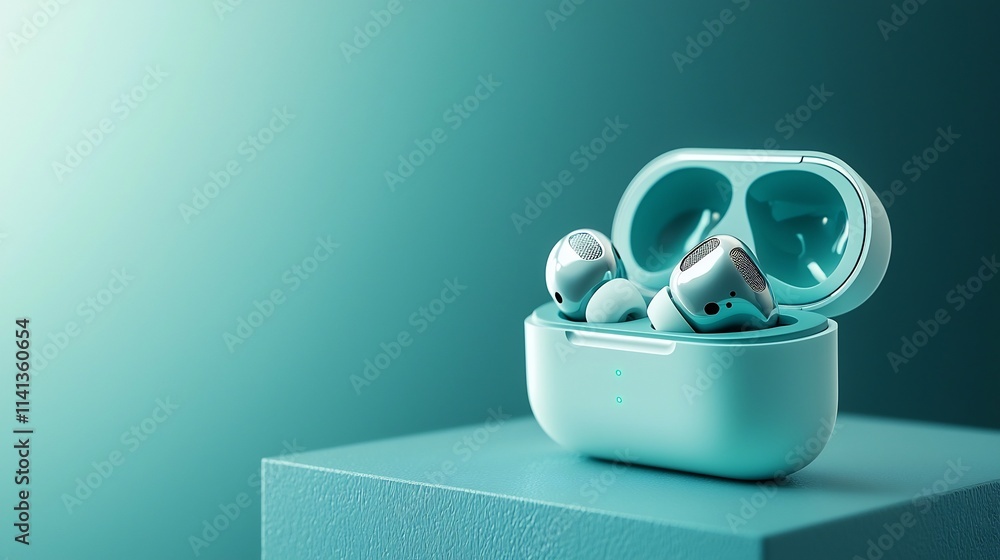 Poster cutting edge wireless earbuds levitating in mid air against a sleek and modern gray gradient backgro