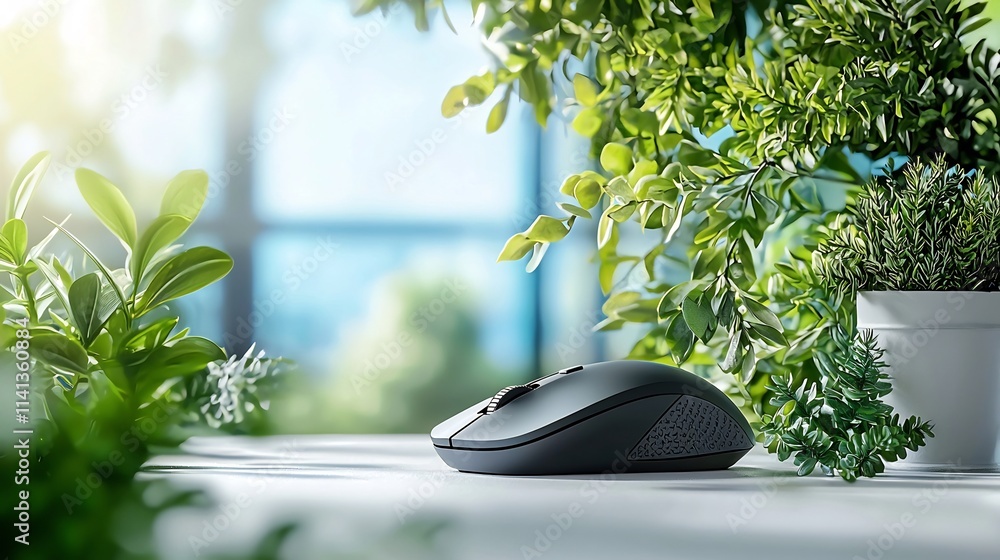 Poster wireless computer mouse gently floating in mid air against a pristine white gradient backdrop showca