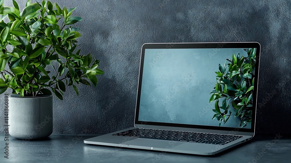Poster sleek and modern metallic laptop computer floating mid air against a minimalist dark gray backdrop s