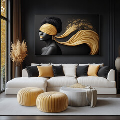 Painting in the living room interior: woman with a bandage, gold elements, black and gold style, modern design, elegance, contrast, luxury, minimalism, decor, comfort, stylish interior.