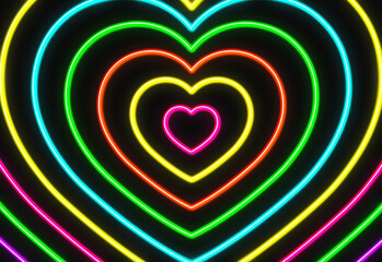 multiply color neon heart shape 3D Rendering in Perspective Tunnel	
