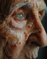 Close-up portrait of an elderly man's face, showing wrinkles, age spots, and expressive eyes.