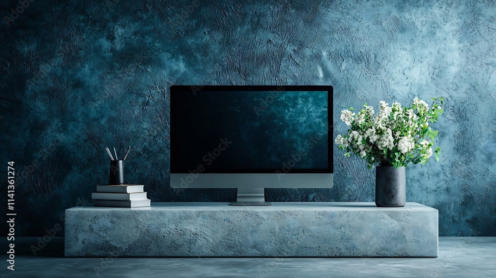 Poster minimalist and modern suspended monitor stand with flat screen display levitating in a soft blue gra