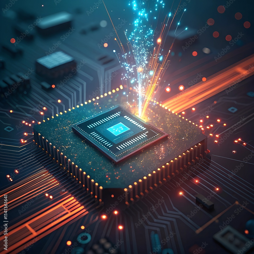 Aufkleber abstract digital art of a futuristic microchip with glowing circuits, particles, and dynamic light t