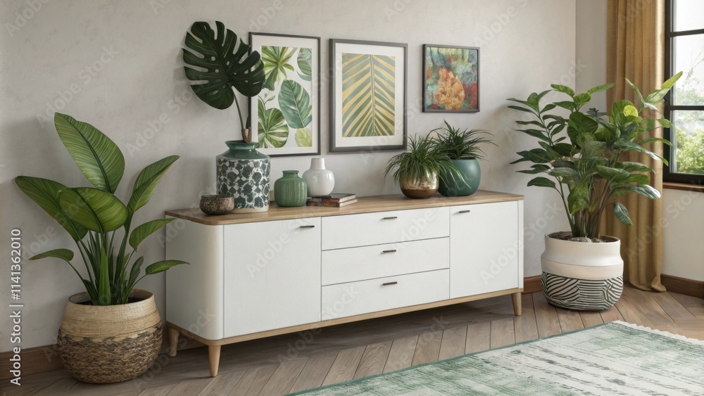 Poster a modern sideboard against one wall showcases additional decorative objects coordinating with the ov
