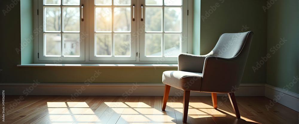 Poster sunlight streams through a window, illuminating a serene room and a comfortable armchair, creating a