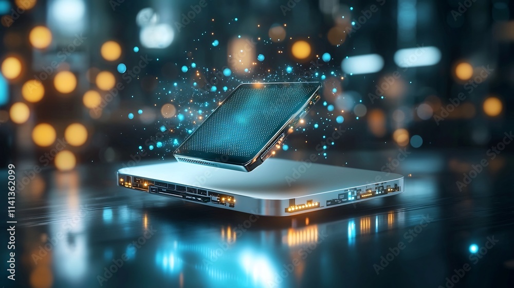 Poster a floating external hard drive with a glowing led indicator set against a dark tech inspired backgro
