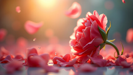 A single rose, bathed in the golden sunset light, gracefully rests amidst a scattering of delicate petals.  Water droplets glisten, enhancing the scene's ethereal beauty.