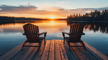 Naklejka premium Sunset Serenity: Two Chairs on a Dock