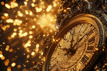 A close-up of an ornate golden clock showing 11:59, with radiant golden fireworks bursting in the background, creating a festive glow and abstract defocused light effects.