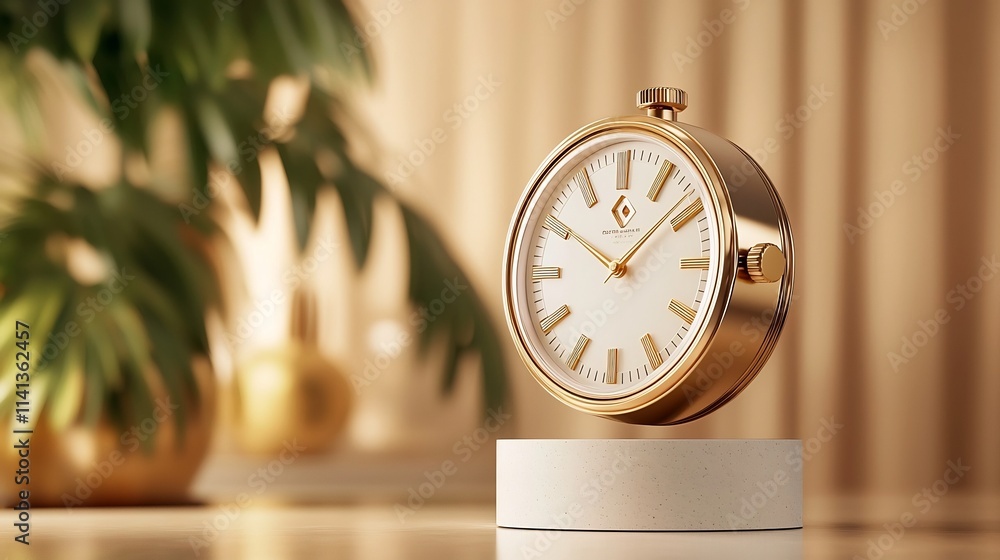 Poster sleek and modern metallic desk clock with minimalist design elegantly hovering mid air above the wor
