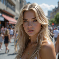 Fototapeta premium Portrait of a Woman in a Lively Urban Setting, Capturing Natural Beauty and Vibrant City Life