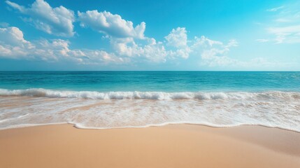 Fototapeta premium Serene Tropical Beach Scene: Calm Ocean Waves on Sandy Shore