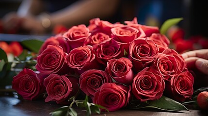 Fototapeta premium Unrecognizable woman making a bouquet of red roses 