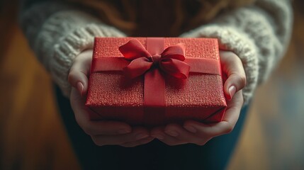 A person holding a small, beautifully wrapped red gift box with a ribbon.