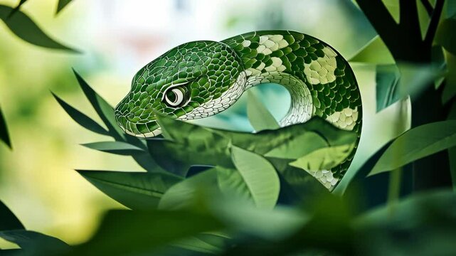 Snake in paper cut style green leaves