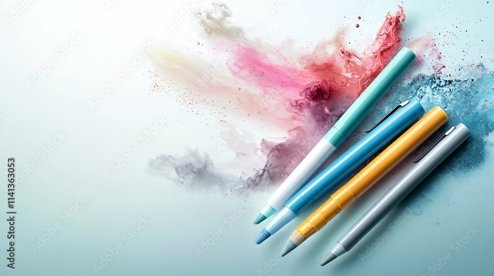 Poster floating set of art markers with colorful streaks and swirls against a soft white gradient backgroun