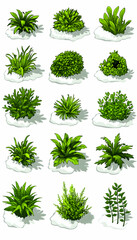 Game asset 15 snow-covered shrubs, isometric view.
