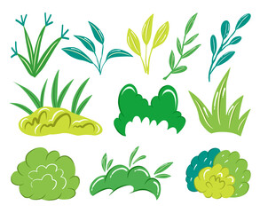 Greenery grass hand drawn clipart plant collection cartoon style for sticker print or poster element.