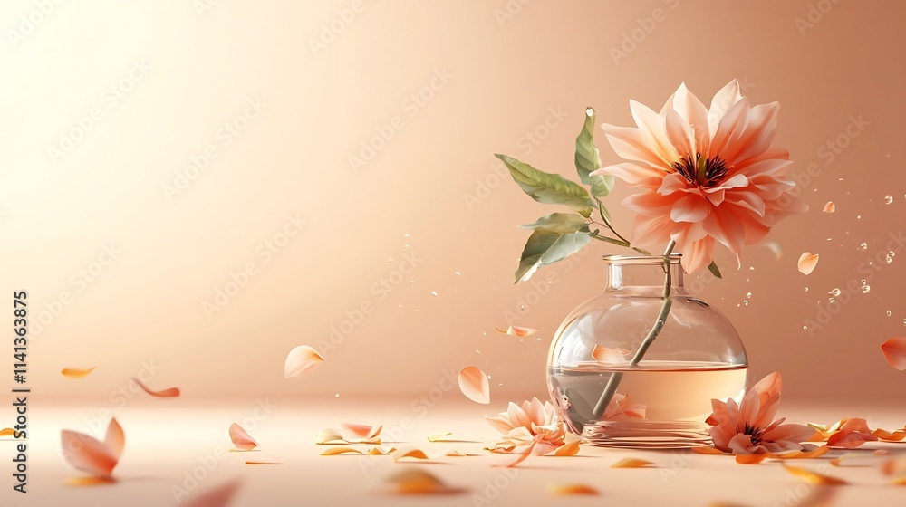 Poster ethereal and serene floating glass vase with a single delicate flower softly illuminated against a w
