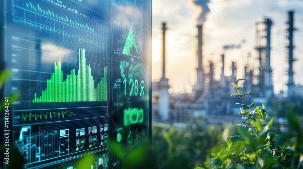 Poster closeup of a digital display screen showing the factorys carbon offset metrics with graphs and figur