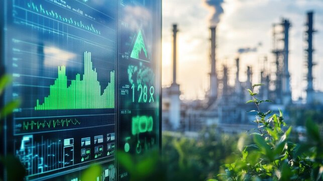 Closeup of a digital display screen showing the factorys carbon offset metrics with graphs and figures indicating successful targets reached fostering a culture of environmental accountability.