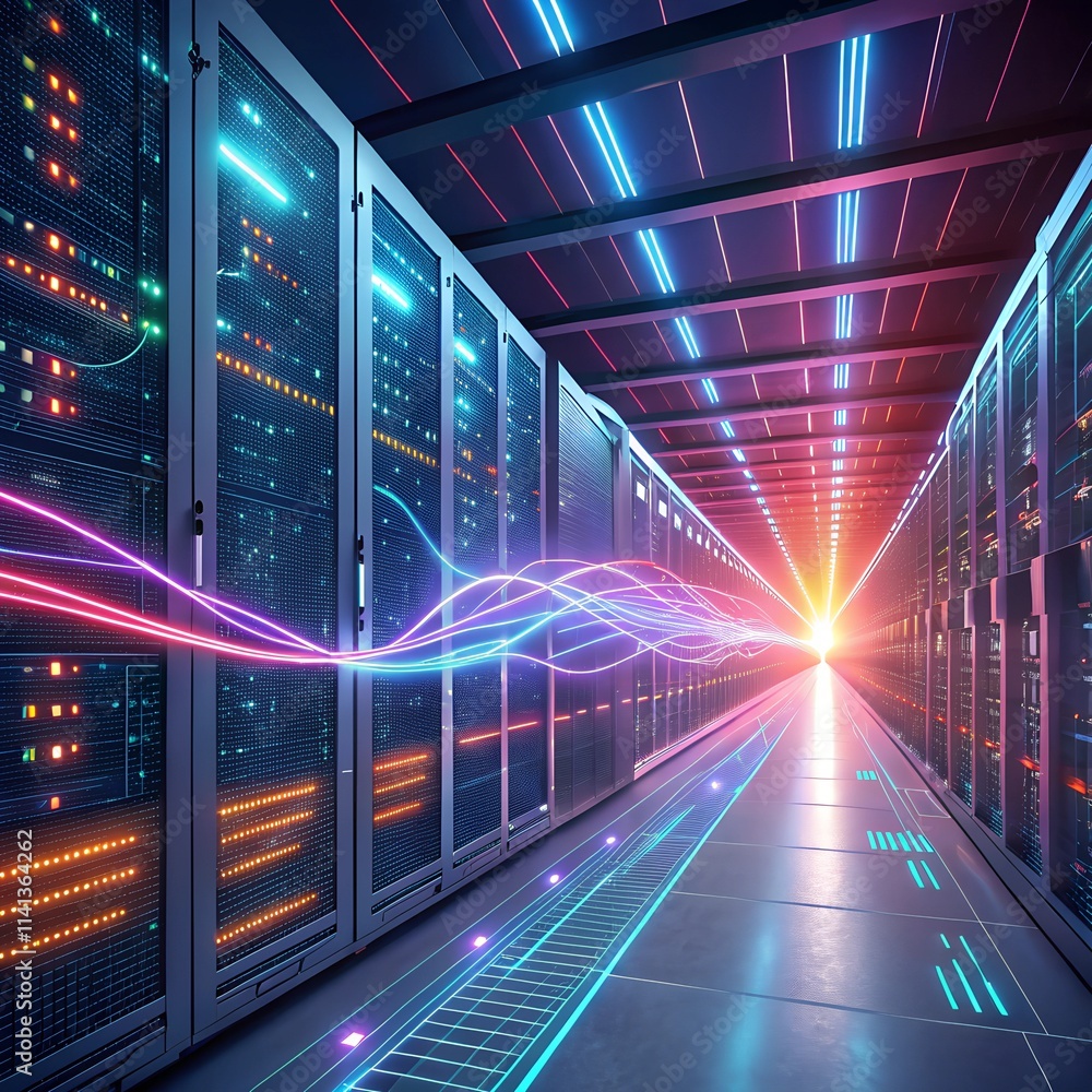 Poster vibrant 3d illustration of a futuristic server farm with glowing data racks and pulsating light trai