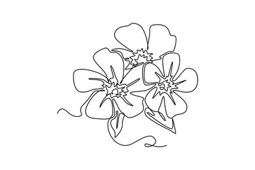 Single continuous line drawing beauty fresh catharanthus for home wall decor art poster print Decorative periwinkle flower for wedding invitation card. One line draw graphic design vector illustration