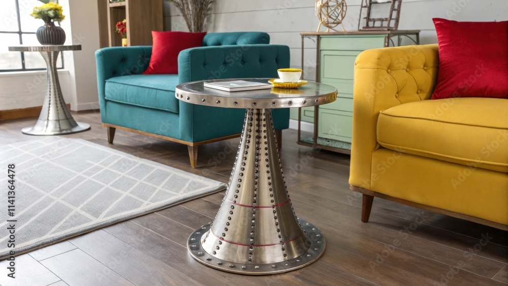 Poster a quirky side table crafted from metallic materials contrasts beautifully against the brightly color