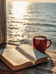 cup of coffee and book on the ocean view, chill life style, sunset, sunrise, vacation