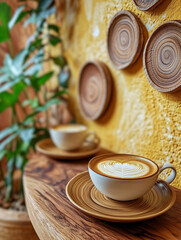 cup of coffee, heart cream on the top, magazine style photo-like, 8k high resolution, natural house, yellow white tone, chill lifestyle, comfortable and neat, wooden and ocean atmosphere, close-up