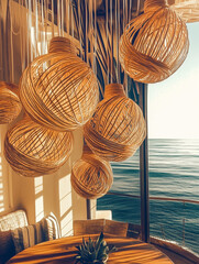 magazine style photo-like, 8k high resolution, natural house, white gray tone, chill lifestyle, comfortable and neat, wooden and ocean atmosphere, close-up shot, minimalist and background. nice view, 