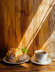 cup of coffee and bread, magazine style photo-like, 8k high resolution, natural house, yellow white tone, chill lifestyle, comfortable and neat, wooden and ocean atmosphere, close-up shot