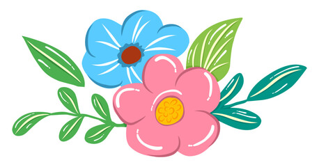 Flower decoration arrangement with green leaves in cute cartoon style for wedding or invitation card.