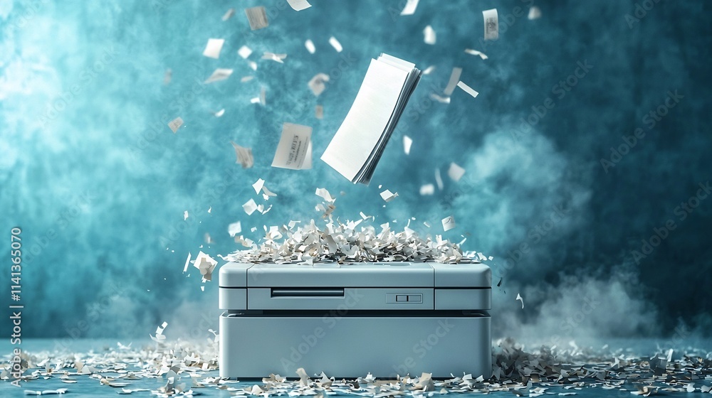 Poster a sleek and modern floating document shredder with subtle shadows designed to securely and discreetl