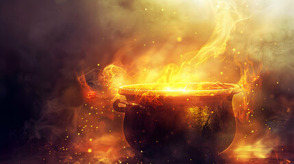 Magical Steam Rising from a Boiling Cauldron in a Dark Enchanted Setting

