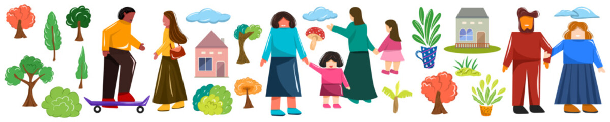 set of different people and family walking on the street