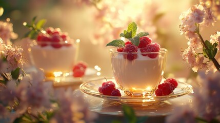 Delicious Raspberry Mousse in Blooming Garden