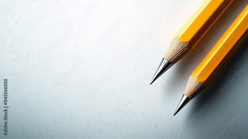 Poster a floating yellow pencil with a sharp tip casting a soft shadow on a clean and minimalist white back