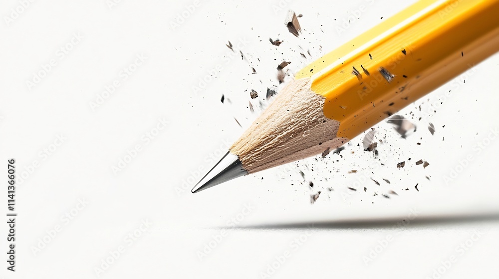 Poster floating yellow pencil with sharp tip casting a soft shadow on a clean white background minimalist o