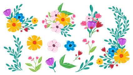 Collection of flower bouquet wedding ornament vector illustration with leaves on transparent background. Flower composition.