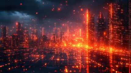 Fototapeta premium Rain-soaked city, fiery orange lights, futuristic.