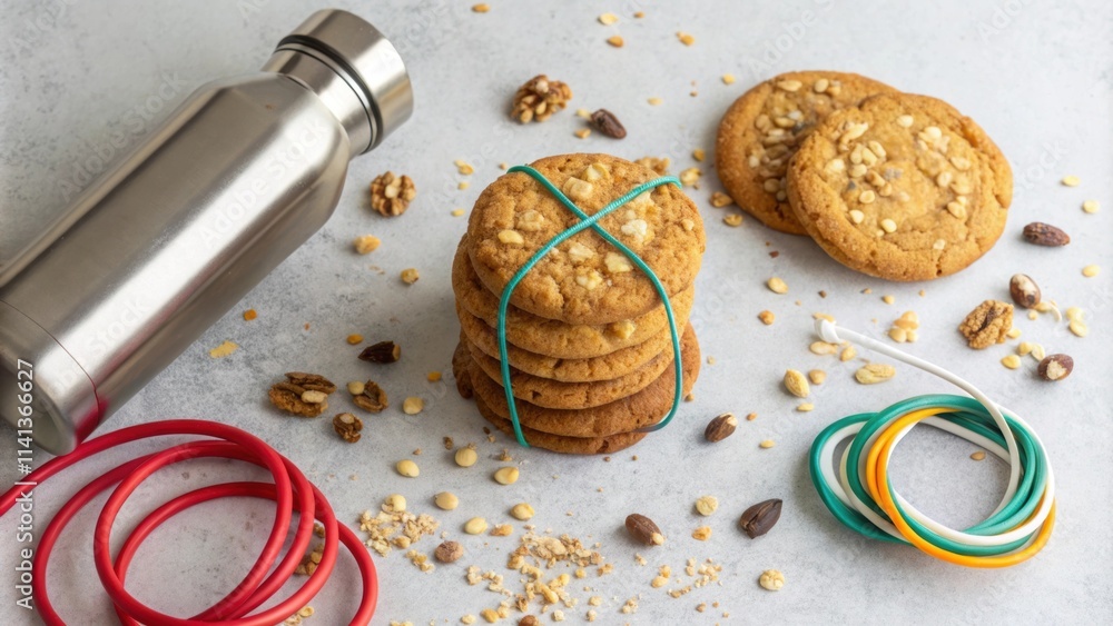 Poster an overhead shot showcasing a stack of goldenbrown highprotein cookies each topped with a sprinkle o