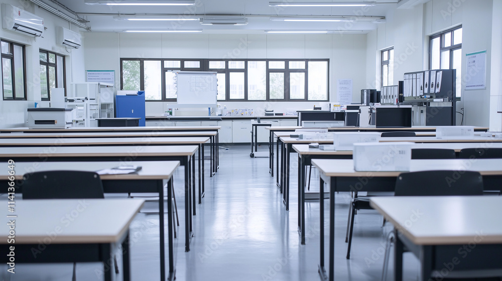 Poster empty classroom ready for learning: a spacious, well-lit classroom with rows of desks awaits eager s