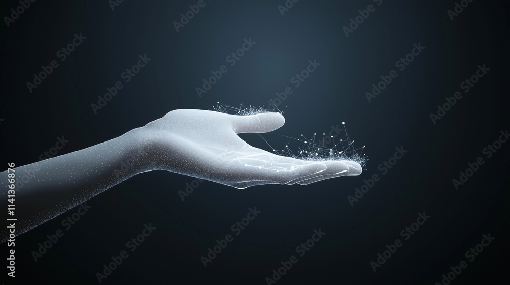 Poster digital rain: a 3d render of a hand gently cradling a cascade of digital particles, evoking themes o