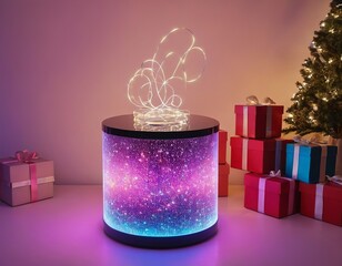 A stylish illuminated display table adorned with colorful presents during festive celebrations.